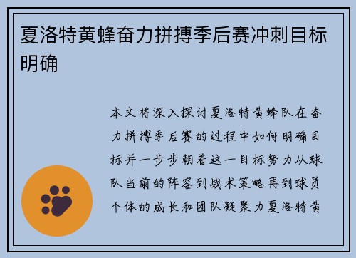 夏洛特黄蜂奋力拼搏季后赛冲刺目标明确